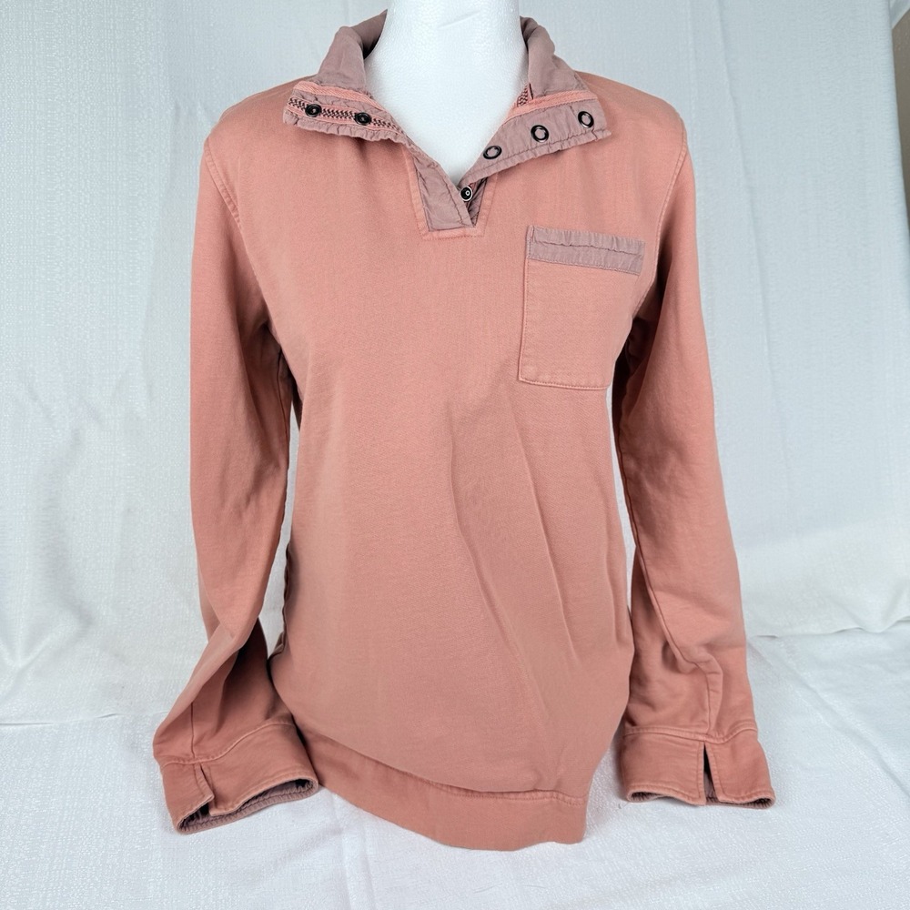Orvis Women M 1/4 Snap Pullover Collared Sweater Long Sleeve Salmon Pink Pocket